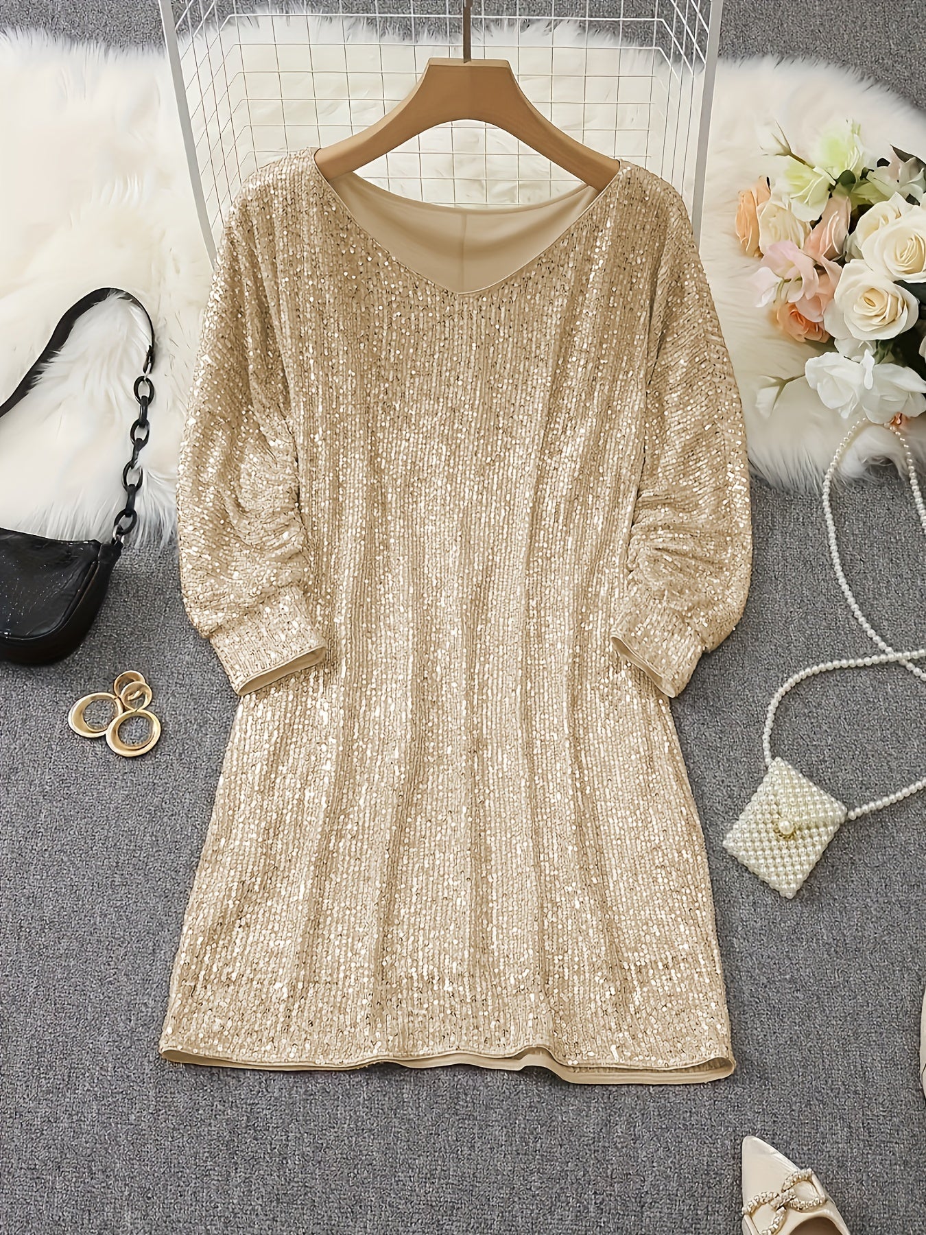 1pc Elegant Sequin V-Neck Dress for Women, Polyester Batwing Sleeve A-Line Short Dress, No Padding, Knitted Spring/Autumn Party Bridesmaid Gown
