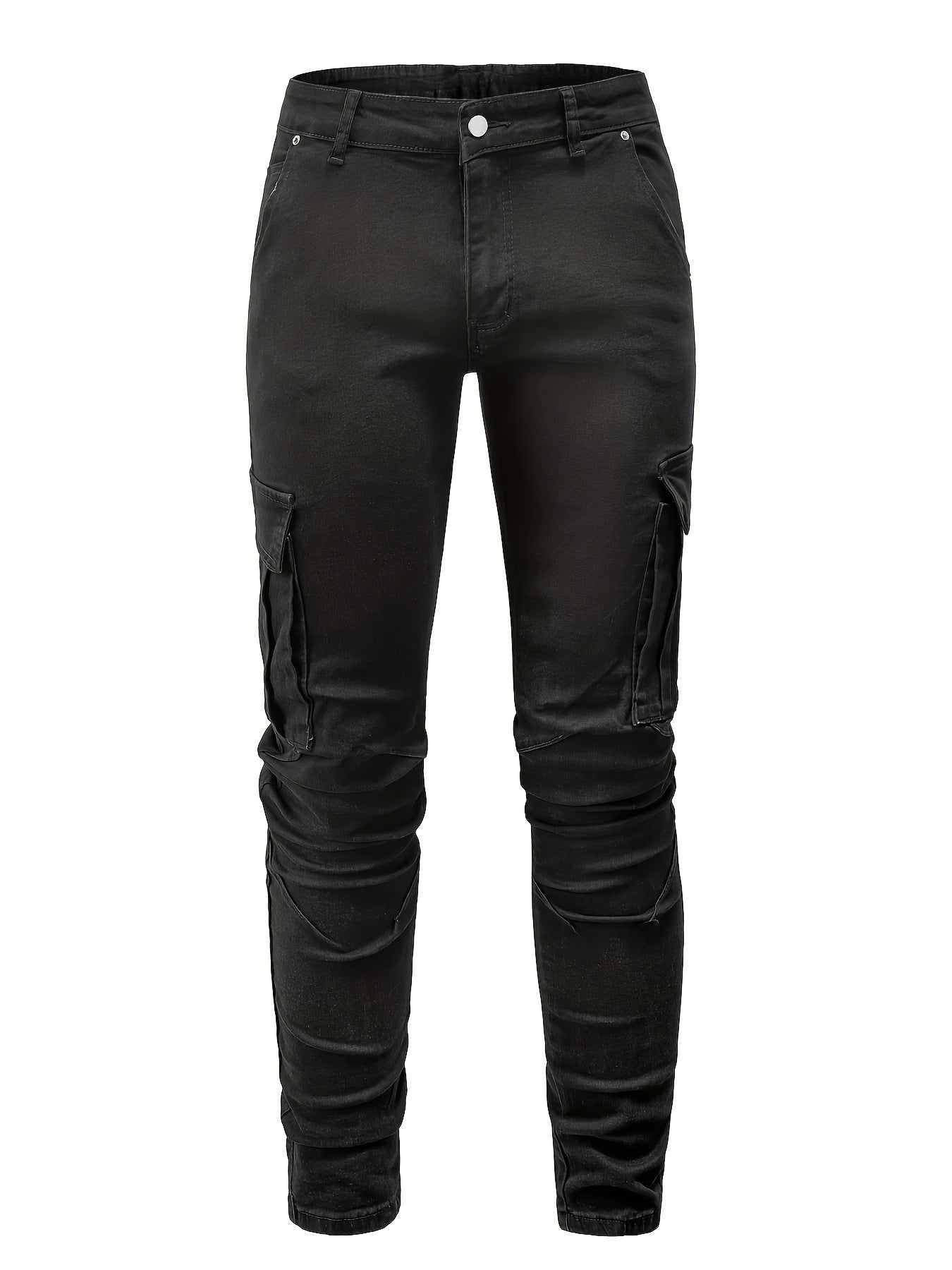 Men's Solid Color Multi-pocket Skinny Jeans For Autumn And Winter
