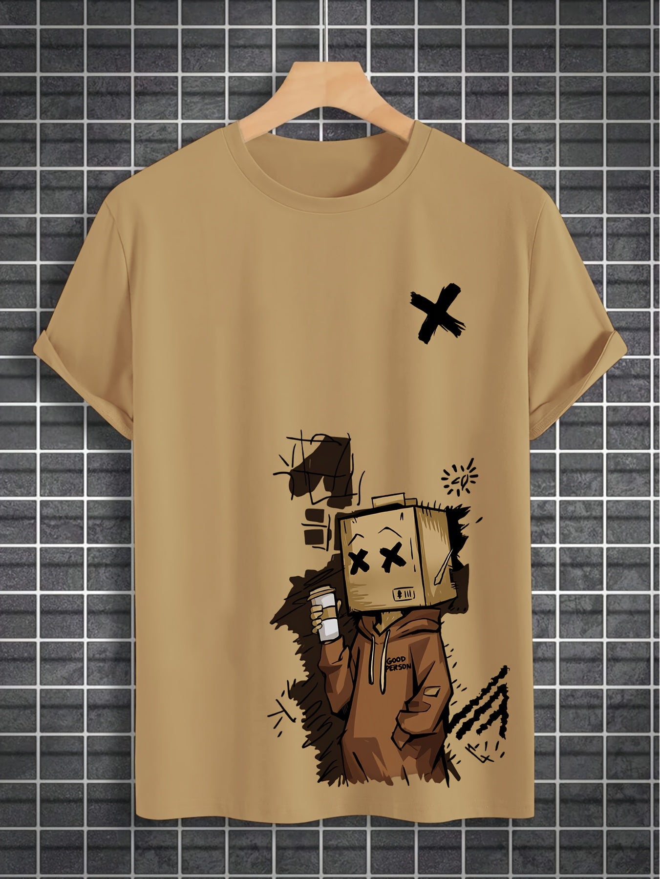 Men'S Summer Casual T-Shirt with Playful Robot & Cupcake Graphic - Red, Short Sleeve, Round Neck, Loose Fit, Geometric Pattern, Perfect for Streetwear or Casual Attire, Casual Summer Wear | Playful Graphic Tee | Comfortable F