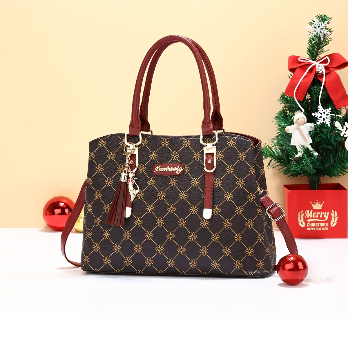 FKTSR Women's Elegant Floral Print Synthetic Leather Shoulder Bag with Detachable Strap & Tassel Accents - Summer Beach Tote, Casual Designer Handbag with Zipper Closure, Polyester Lining (Antique Bronze/Coffee/White/Black),