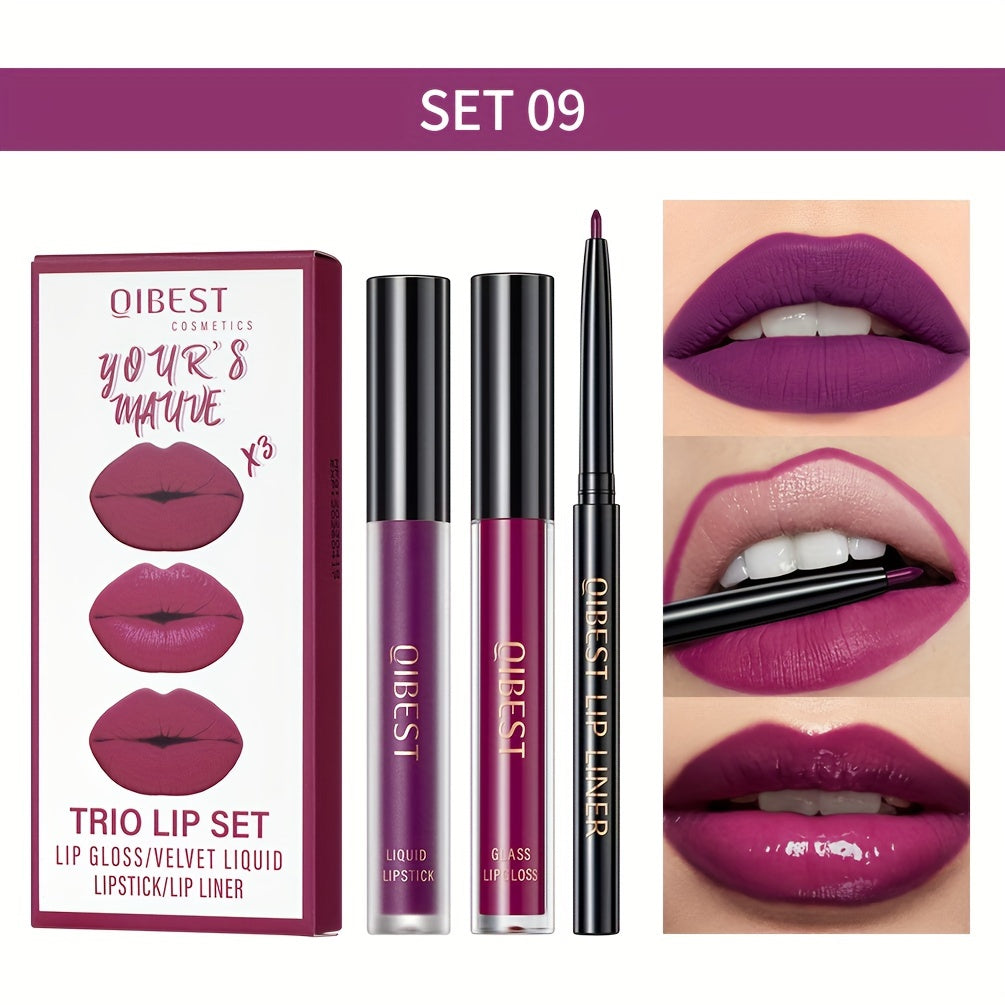 Lip Liner, Lipstick And Lip Gloss Trio Set, Matte Liquid Lipstick + Matching Lip Liner + Lip Gloss Nude Velvety Lipstick Makeup Kit Gift Set, Waterproof Long Lasting, Contains Plant Squalane Formula