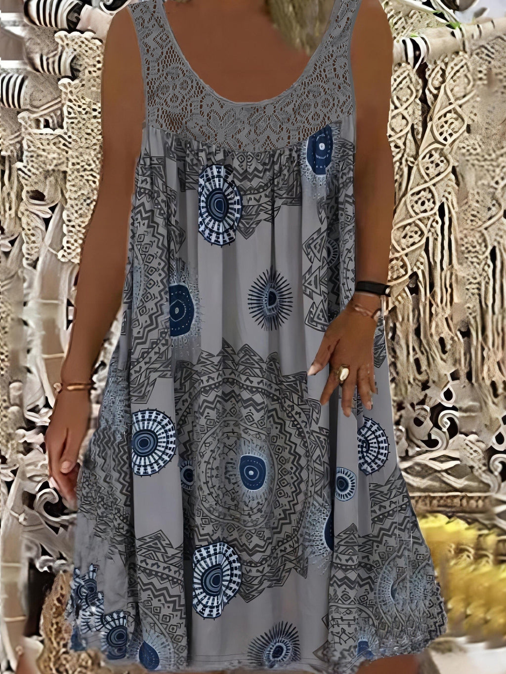 Women's Elegant Sleeveless A-Line Dress with Contrast Lace Hem & Geometric Print - Knee-Length Flared Skirt, Round Neck, Machine Washable, Plus Size Friendly for Casual & Semi-Formal Occasions, Lace Detailing, Comfortable Fit