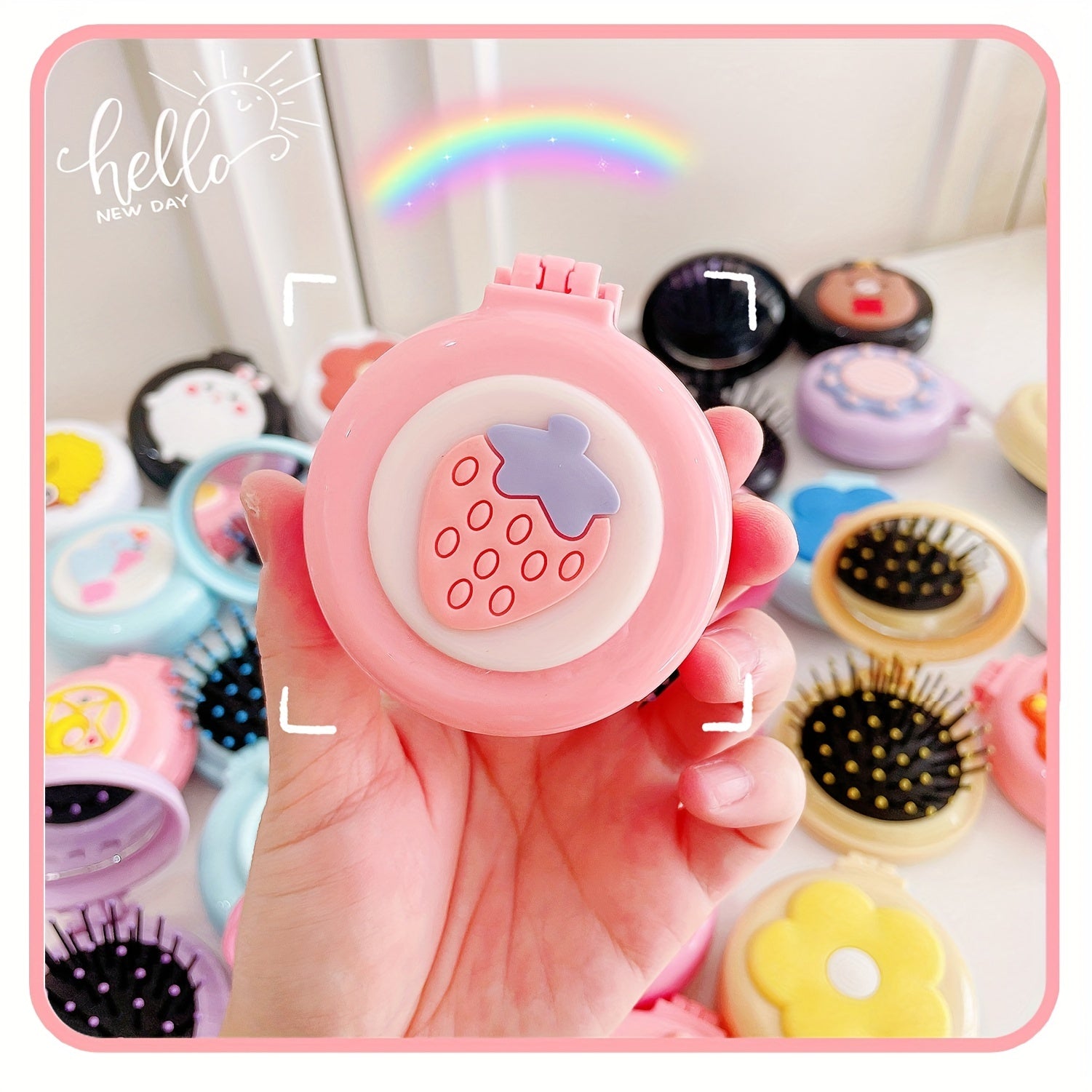 1pc Portable Folding Comb with Makeup Mirror - Air Cushion Massage Hair Brush for Normal Hair - Travel Pocket Mini Hair Brush Essentials for Women