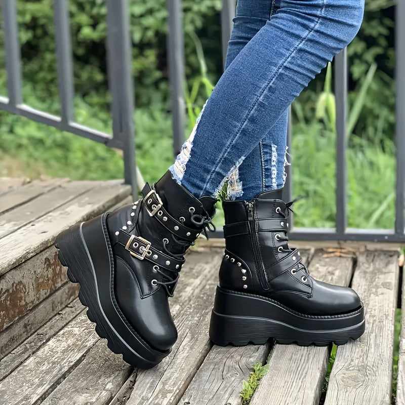 Women'S Chunky Platform Boots - Gothic Punk Boots with Lace-Up Closure, Thick Platform Heels for Height Increase, PU Sole - Edgy Gothic Punk Shoes for Concerts, Parties, Everyday - Synthetic Cover Gothic Footwear Gift for Wom