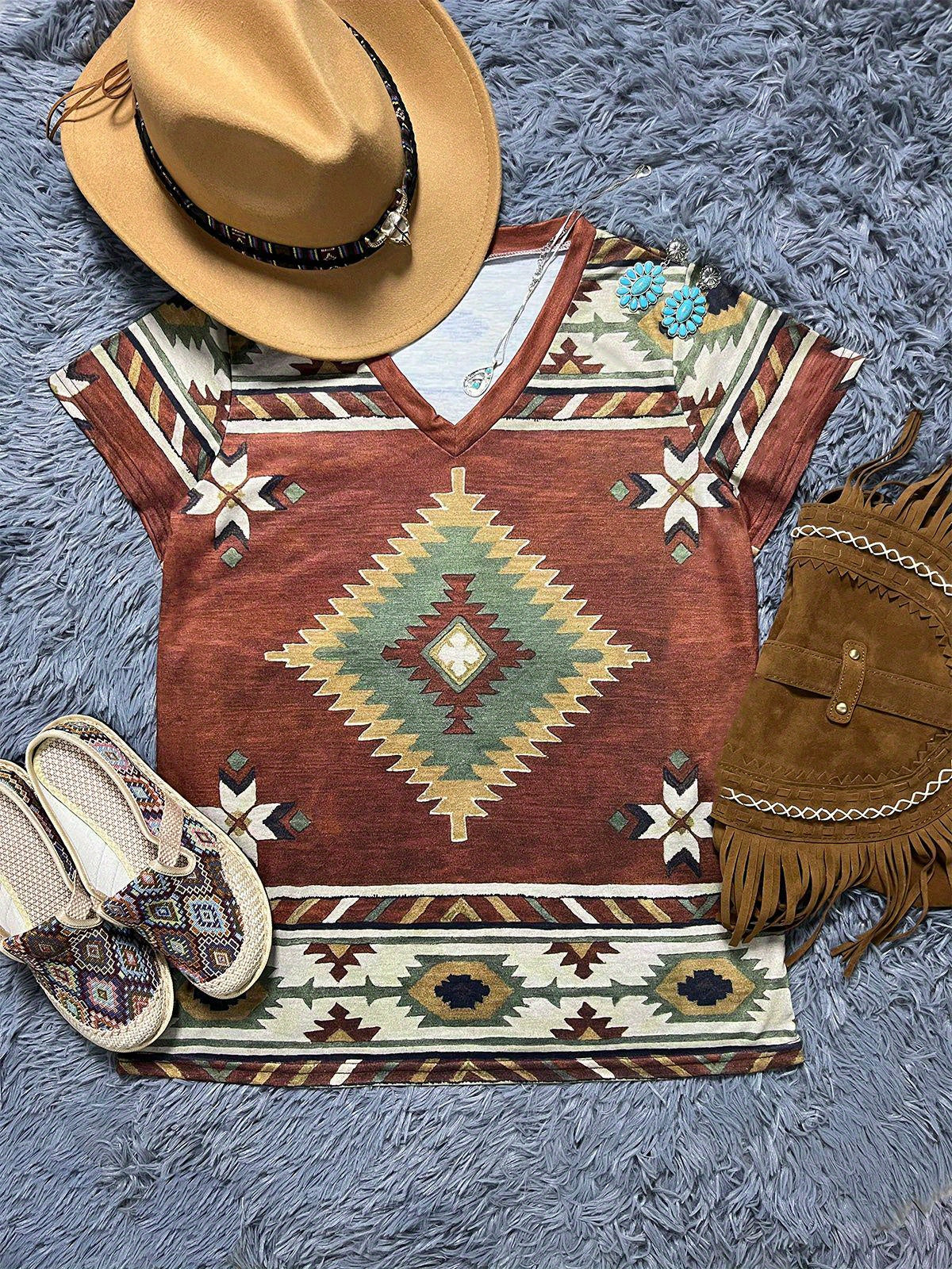 Western Geo Print V Neck T-Shirt, Casual Short Sleeve T-Shirt For Spring & Summer, Women's Clothing