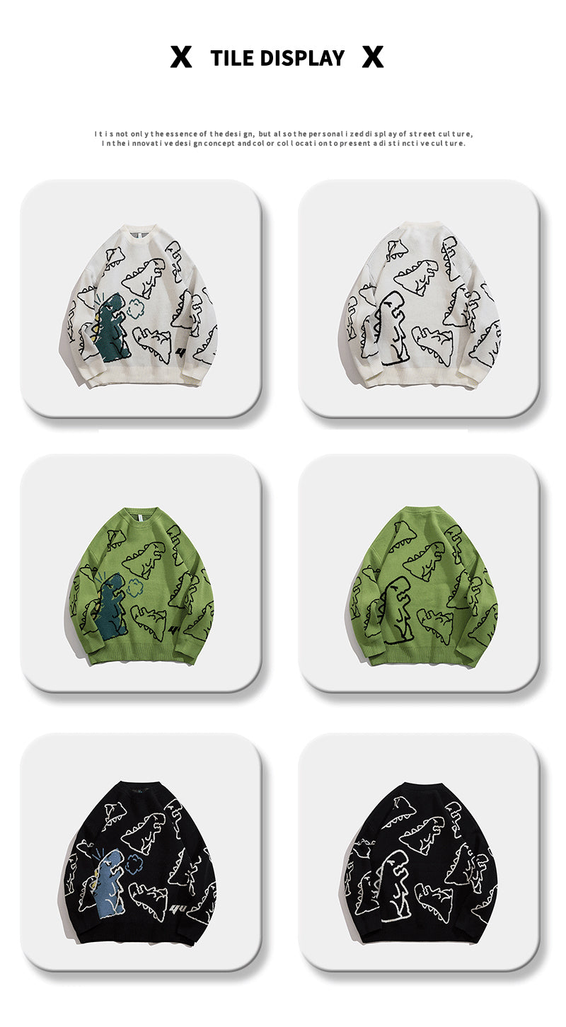 YWFG Unisex Casual Loose Fit Sweater - Black with Blue Dinosaur & Cloud Design, Long Sleeve Round Neck Pullover for Men & Women, Cozy Fall/Winter Knitwear, Dinosaur Clothes, Fall Winter Apparel, Playful Graphic Design, Comfor