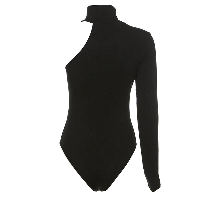 Solid Asymmetric One Shoulder Ribbed Knit Long Sleeve Bodysuit, Sexy Fall Winter One Piece Bodysuits, Women's Clothing