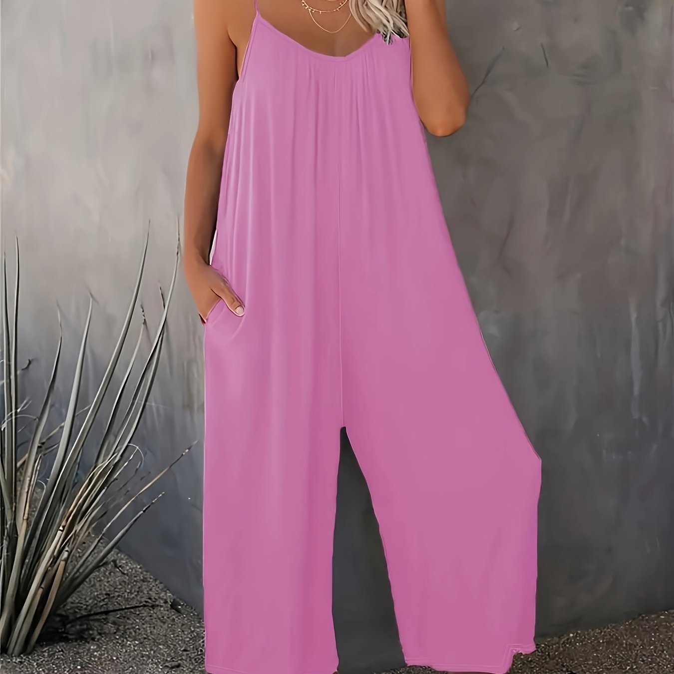 Women'S Light Blue Sleeveless Jumpsuit with Pockets - Casual Polyester Knit Fabric, V-Neck, Summer 2023, Beach Coverup, Beach Coverup Jumpsuit | Casual Style Jumpsuit | Knit Construction