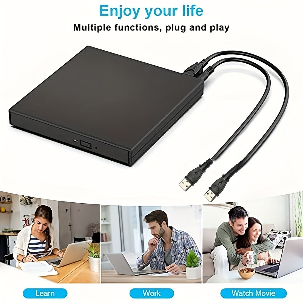 Compact USB 2.0 External DVD-RW Drive | Plug & Play, Slim Portable Burner/Writer for Laptops & Desktops | Supports CD/DVD Playback, Data Copying | Black, with Power Cable