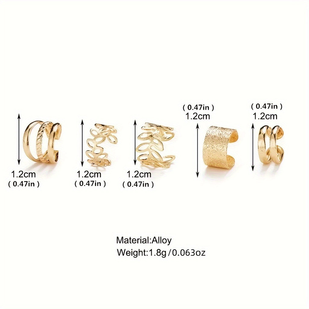 5pcs/set Trendy Elegant Design Ear Cuff Set Classic Elegant Style Women's Ear Bone Clip Set No Piercing Clip On Earrings Leaf Shaped Circle Stacked Shaped