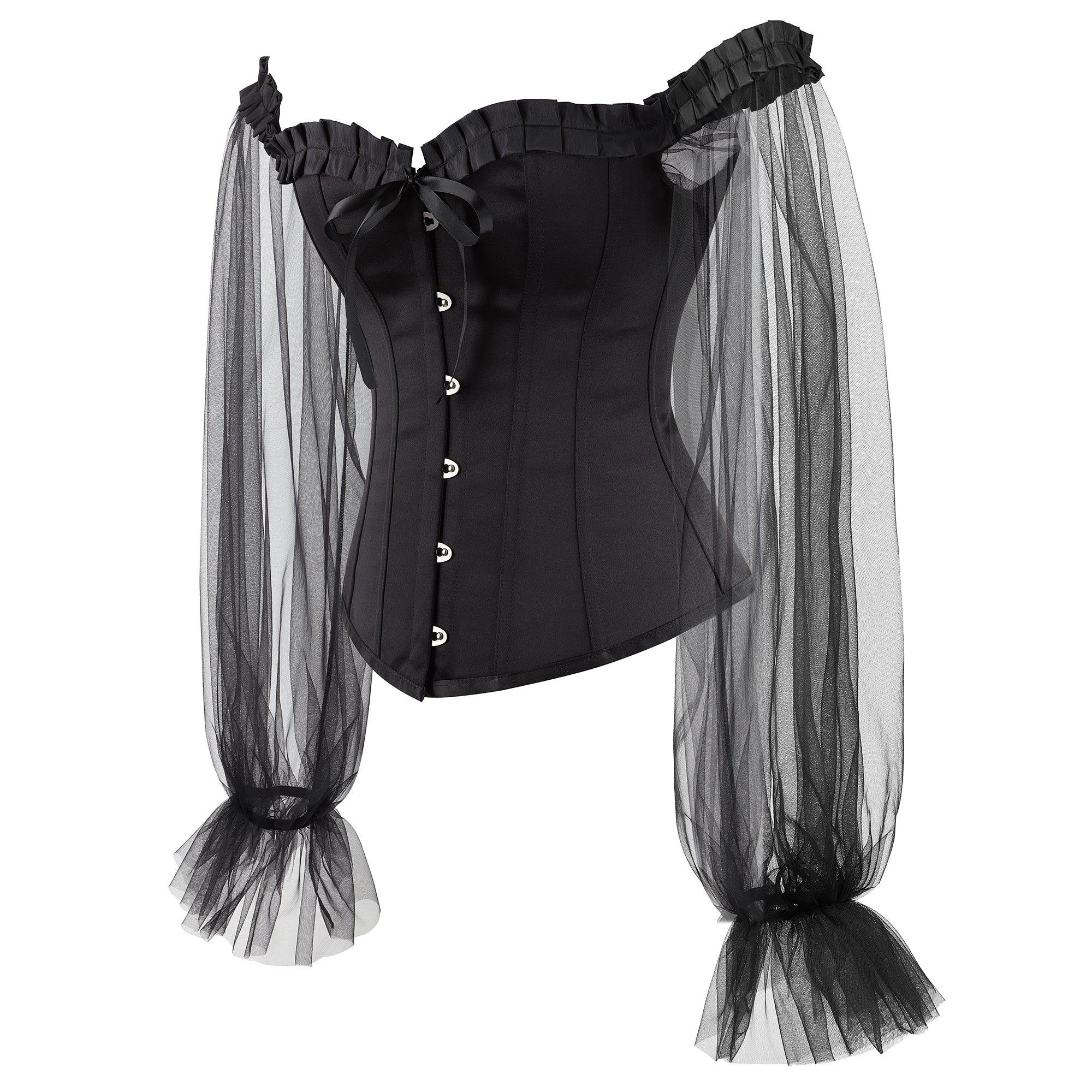 Off Shoulder Neck Corsets For Women Sheer Mesh Long Puff Sleeve Overbust Corset Gothic Lace-up Boned Bustier Tops Black