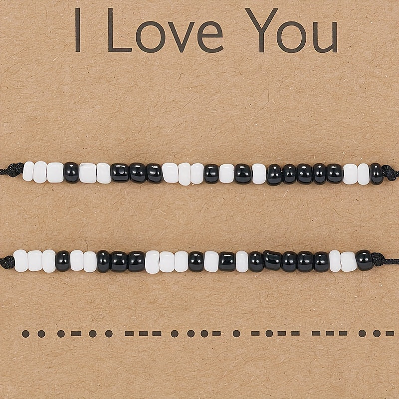 I Love You 2pcs/set Morse Code Black And White Rice Beads Woven Adjustable Couple Bracelets