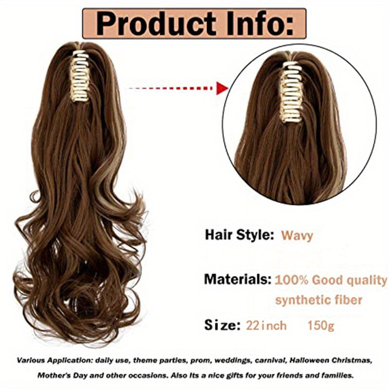 Long Wavy Ponytail Extensions - 22 Inch Claw Clip In Synthetic Hair Piece For Women - Add Volume And Style To Your Hair Halloween Christmas