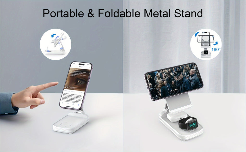 BezosMax 3 in 1 Wireless Charging Station 10000 mAh Power Bank Foldable Phone holder Magnetic Wireless Charger Adjustable angle lightweight Portable Fast charging Digital Power Display for iPhone/ iWatch/Airpods