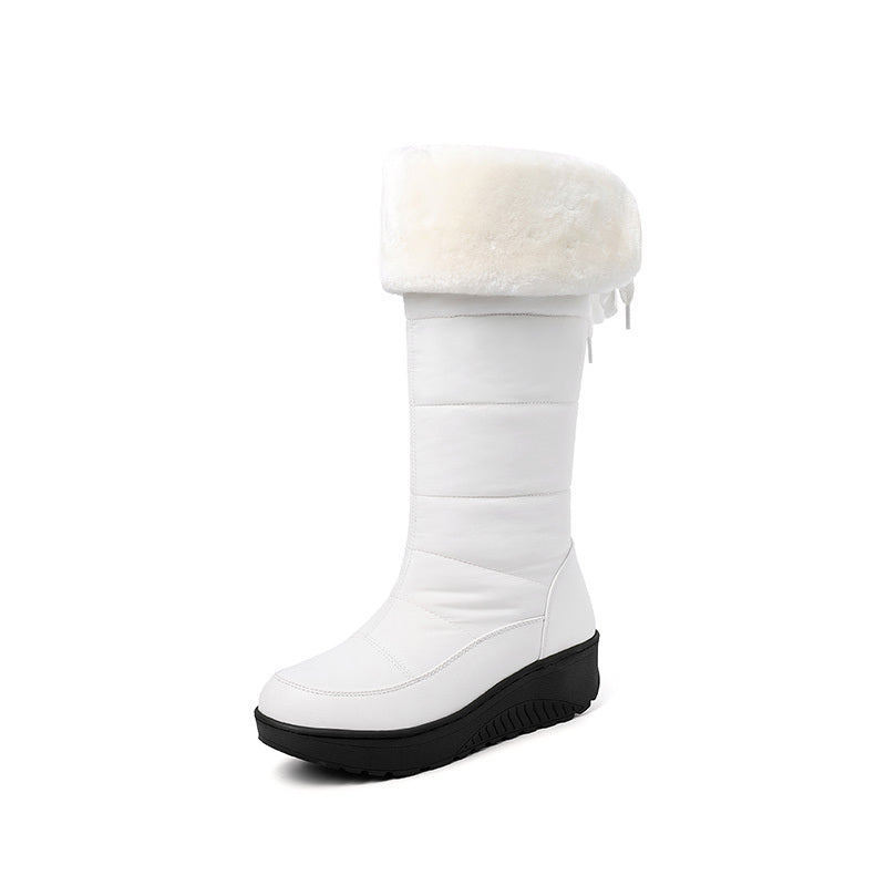 Waterproof Non-slip Outdoor Knee Boots, Warm Plush Inner Flat Lace Up Back Sports Sneakers, Women's Footwear