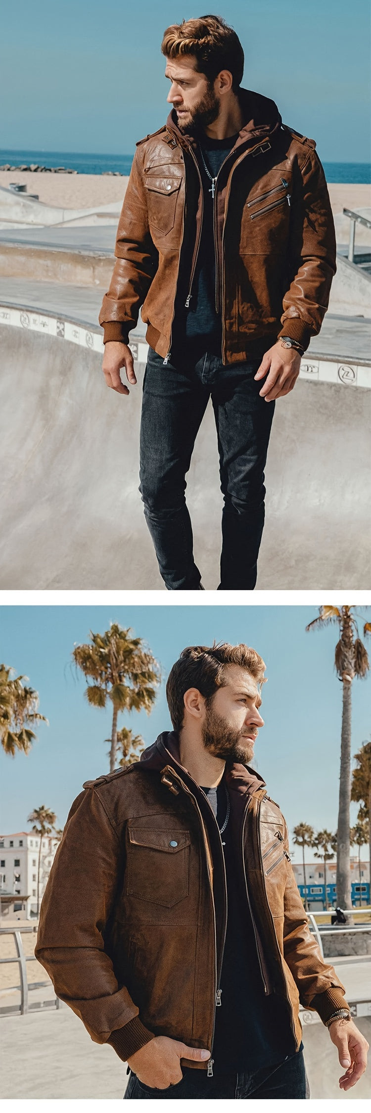 Men's Brown Leather Motorcycle Jacket with Removable Hood - FLAVOR