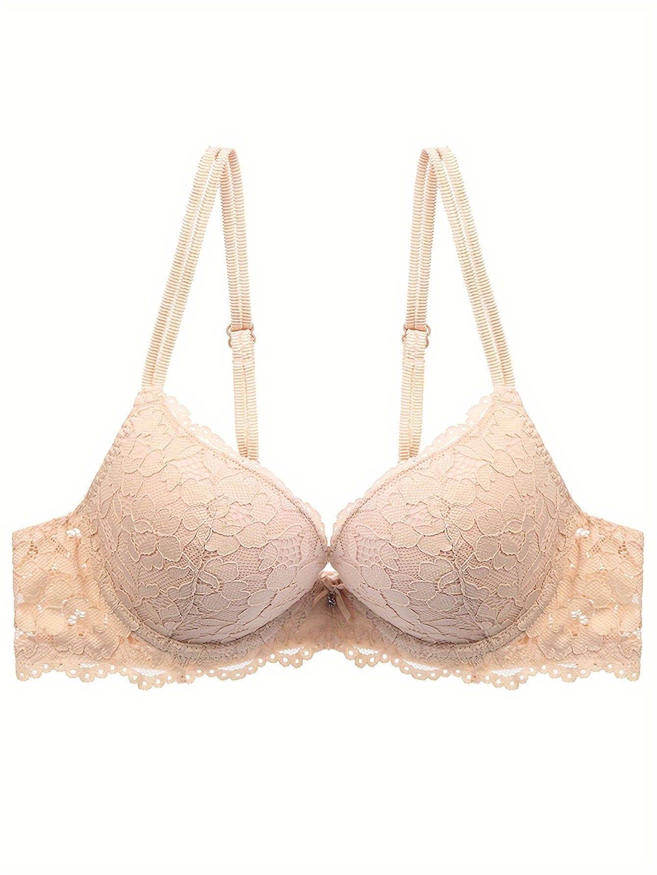 Lace Mesh Hollow Everyday Bra, Comfort & Mature Double Strap Thick Cup Push Up Intimates Bra, Women's Lingerie & Underwear