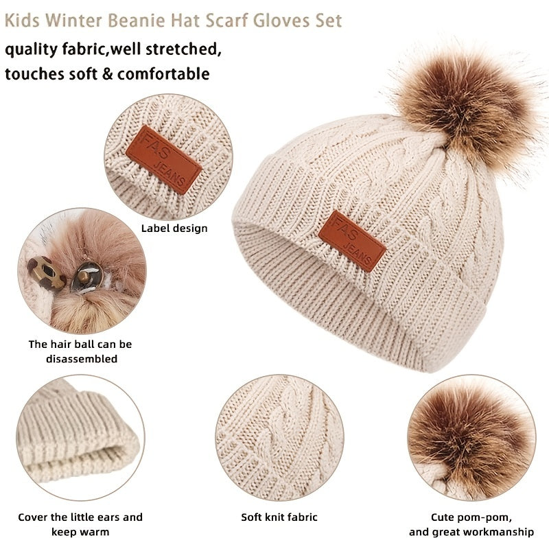 3pcs Youngsters Knitted Thermal Beanie Hat & Gloves & Scarf Set for Winter Warm Accessories