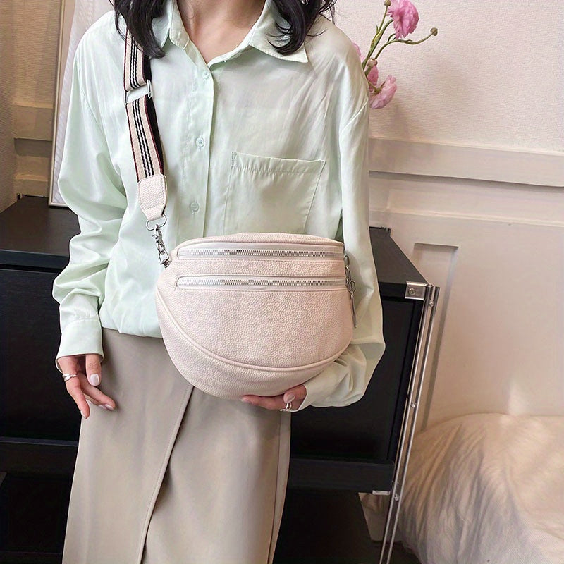 Black Synthetic Leather Crossbody Bag with Adjustable Striped Strap - Large Capacity Shoulder Messenger Bag for Women, Zipper Closure, Polyester Lining, Versatile Solid Color Design