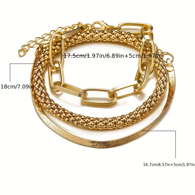 [Golden Chain Bracelet] Trendy European And American Accessories: Hot-selling Multi-layer Snake Bone Chain Bracelet Set, Creative Vintage 3-piece Golden Chain Bracelet For Women