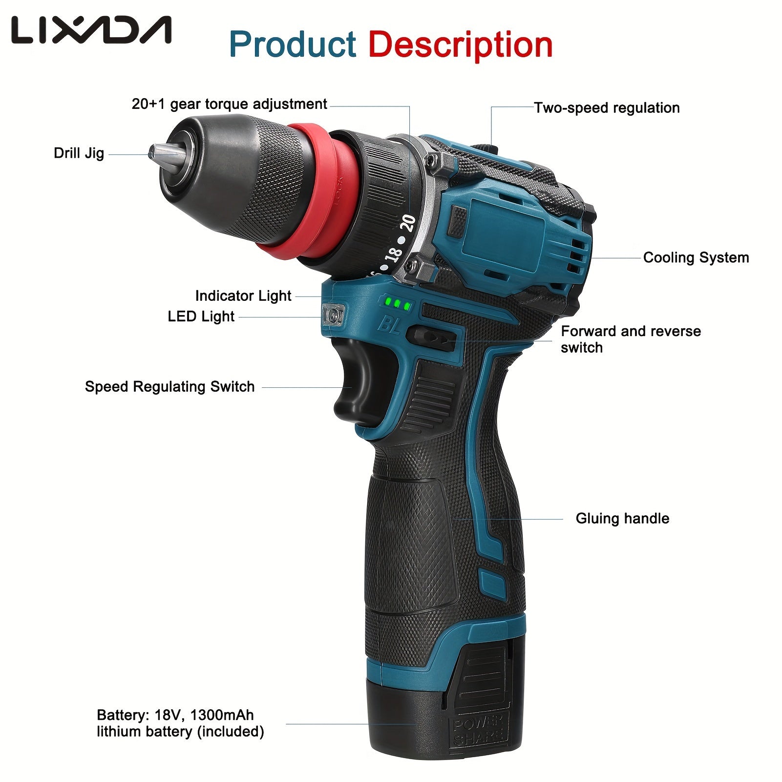 LIXADA 18V 2in1 Lithium Drill Electric Screwdriver Multi-function Power Tool 45Nm Torque Brushless Motor Practical Screw Driver For Home Appliances Furniture Installation Automotive Electronics