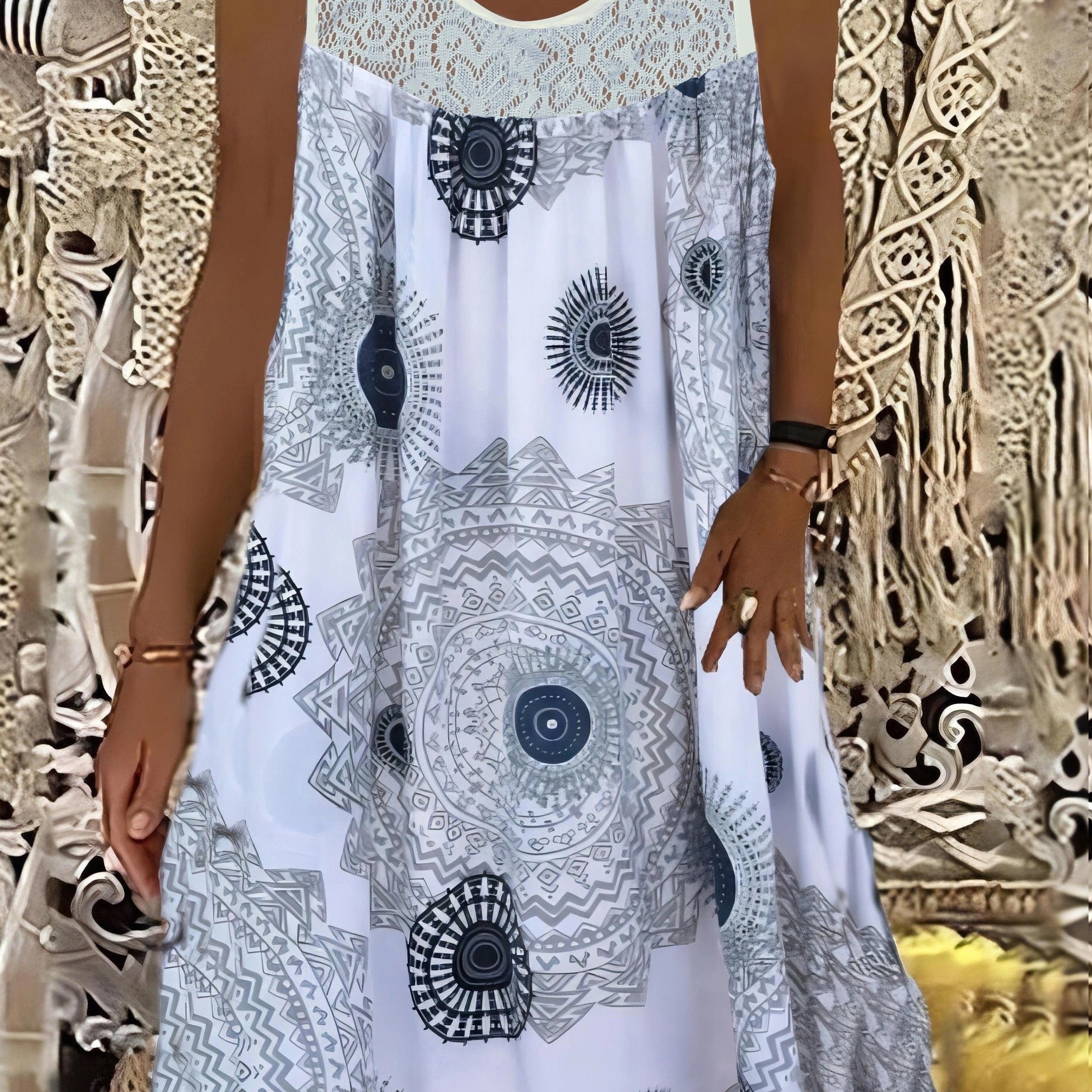 Women's Elegant Sleeveless A-Line Dress with Contrast Lace Hem & Geometric Print - Knee-Length Flared Skirt, Round Neck, Machine Washable, Plus Size Friendly for Casual & Semi-Formal Occasions, Lace Detailing, Comfortable Fit