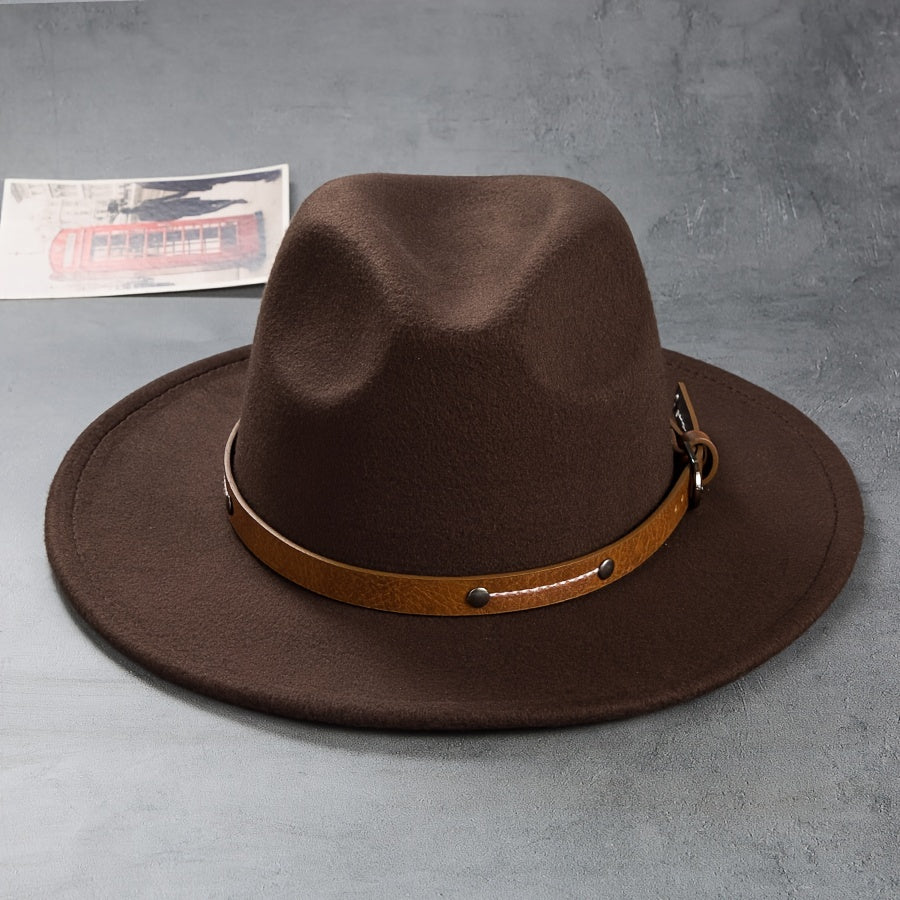 Men's Retro Felt Top Hat, Leather Buckle Accessory, Jazz Hats