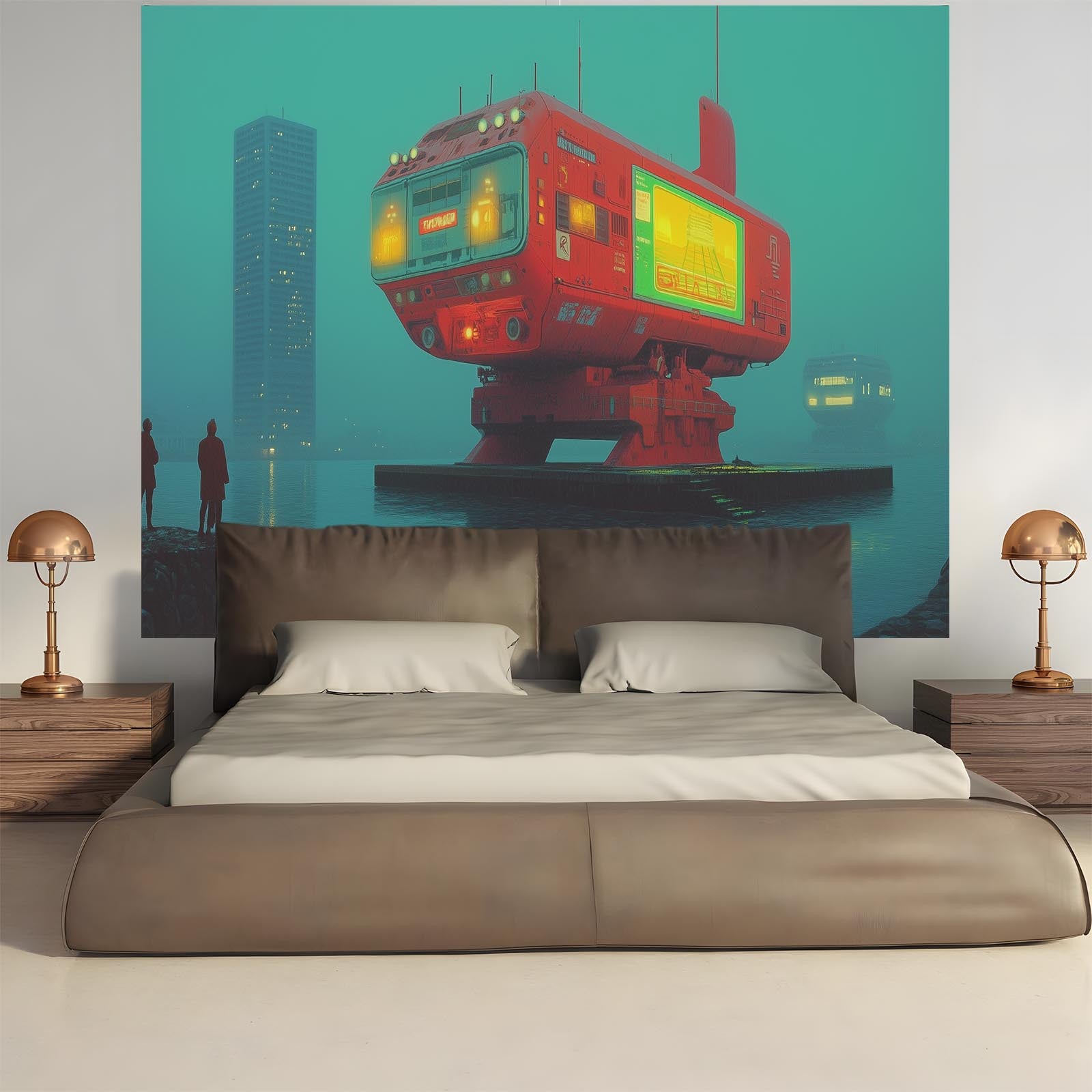 1pc Futuristic Red Robot Cityscape Backdrop - Vibrant Polyester Photo Wall Decoration for Living Room, Bedroom, Office & Party Decor | Easy to Use Indoor/Outdoor | Cyberpunk Theme with Neon Lights & Urban Skyline, Bedroom Bac