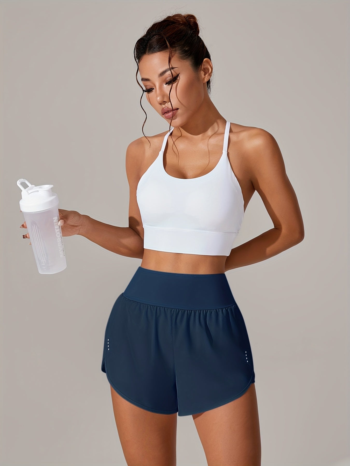 [Yoga Activewear] Women's Light Blue Yoga Shorts - Casual & Loose-Fit, High-Waisted with Ruffle Detail, Stretchy Polyester-Elastane Blend, Machine Washable, Perfect for Spring/Summer/Fall