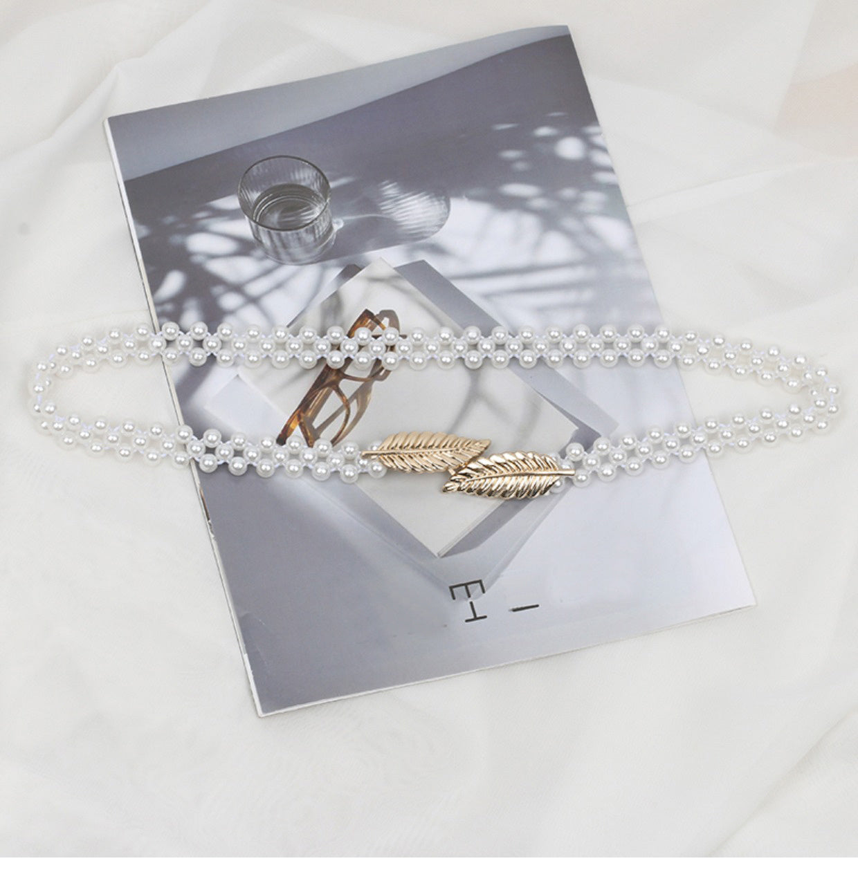 Faux Pearl Belt Women's Metal Leaf Elastic Pearl Waist Chain Women's Decoration For Dress Elastic Belt