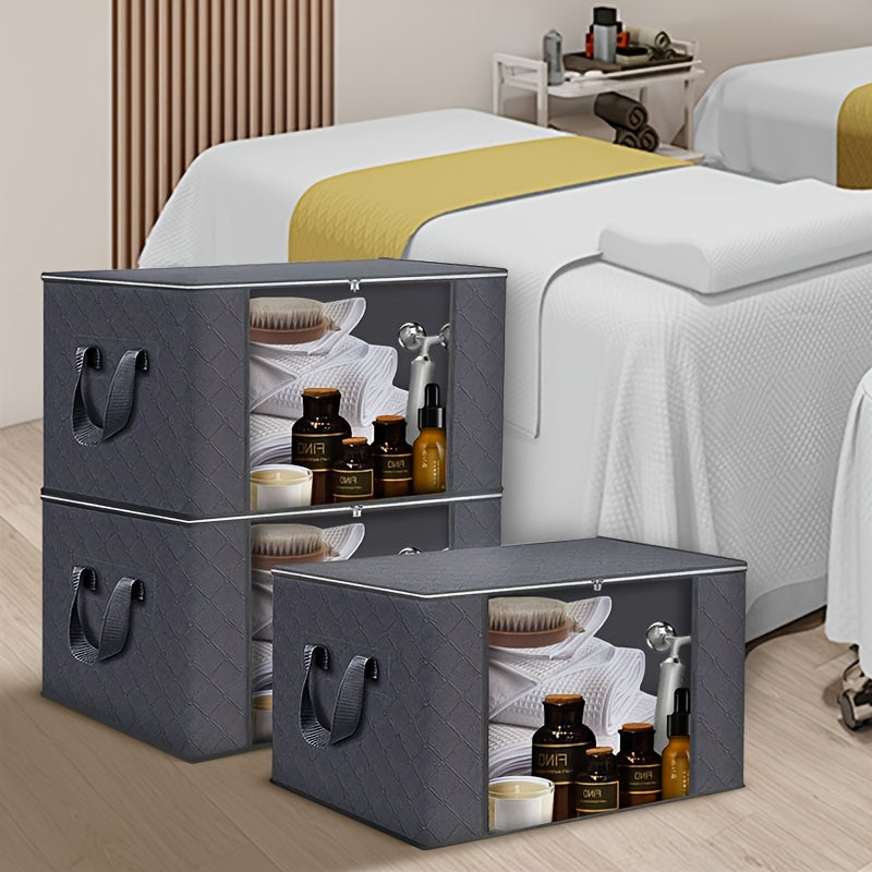 3-Pack Large Capacity Foldable Fabric Storage Bins - Ideal for Bedding, Clothes, Pillows, Quilts - Perfect for Home, Bedroom, Dorm, Spa Wardrobes - Grey Woven Material, No Electricity Needed