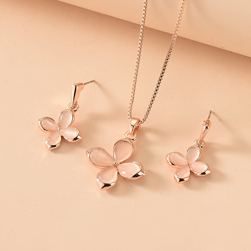 Delicate Pink Four Leaf Clover Opal Pendant Necklace & Earrings Jewelry Set Lucky Accessories Gift For Birthday Party St. Patrick's Day Holiday Ornament