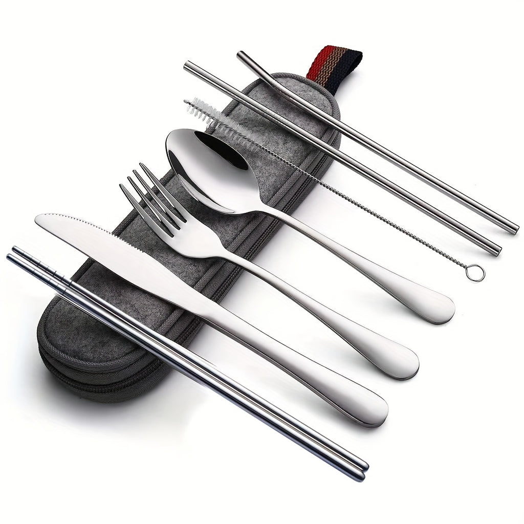 Portable Utensils, Travel Camping Cutlery Set, 8pcs including Knife Fork Spoon Chopsticks Cleaning Brush Straws Portable Case, Stainless Steel Flatware set