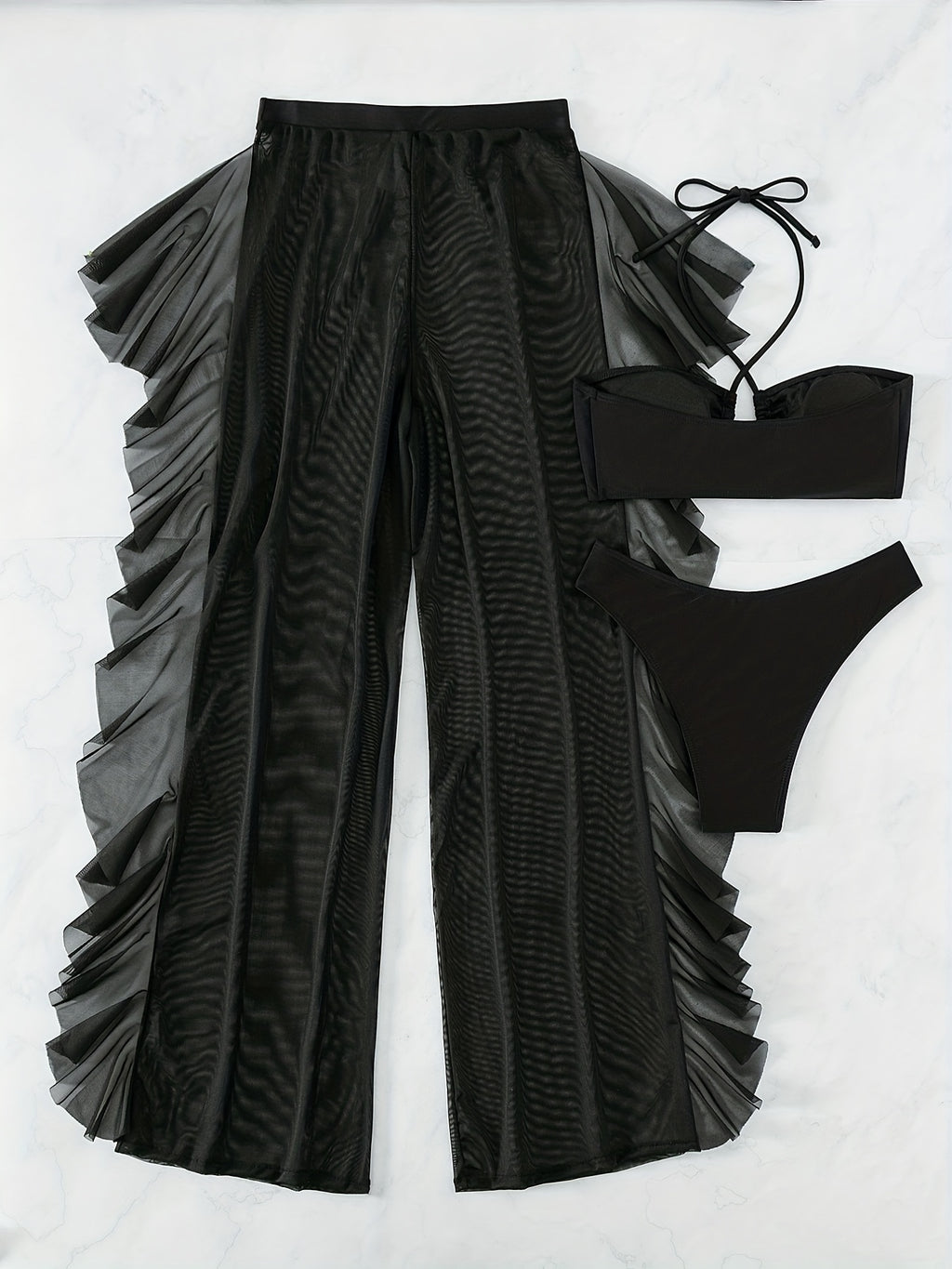 Dreiteiliger Bikini-Badeanzug für Damen: Dreiteiliger Badeanzug aus schwarzem, sexy, halbtransparentem Mesh mit gerafftem, gekreuztem Bund und Höschen.