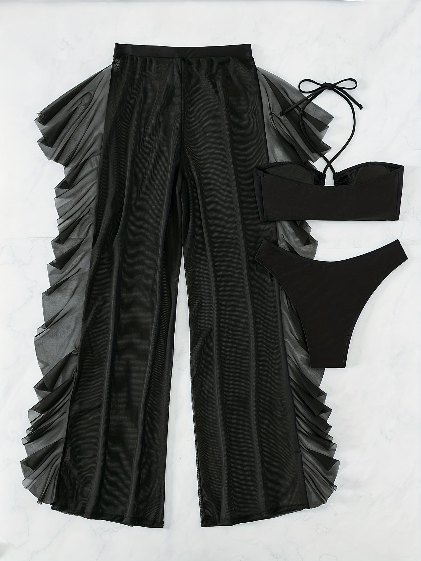 Dreiteiliger Bikini-Badeanzug für Damen: Dreiteiliger Badeanzug aus schwarzem, sexy, halbtransparentem Mesh mit gerafftem, gekreuztem Bund und Höschen.