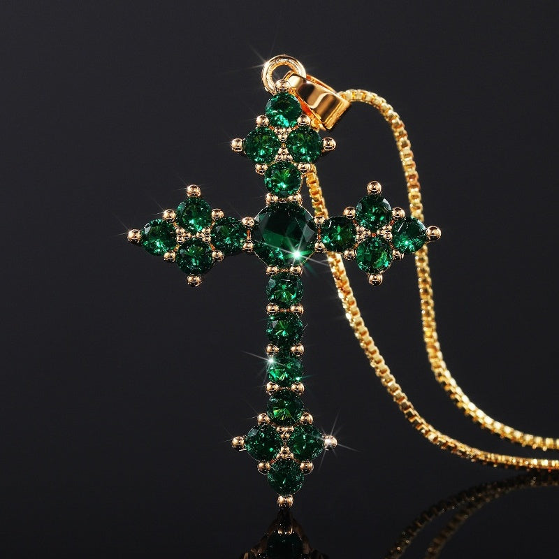 Dainty Cross Shape Pendant Necklace Inlaid Round Cut Shiny Zirconia Good Lucky Adjustable Clavicle Chain