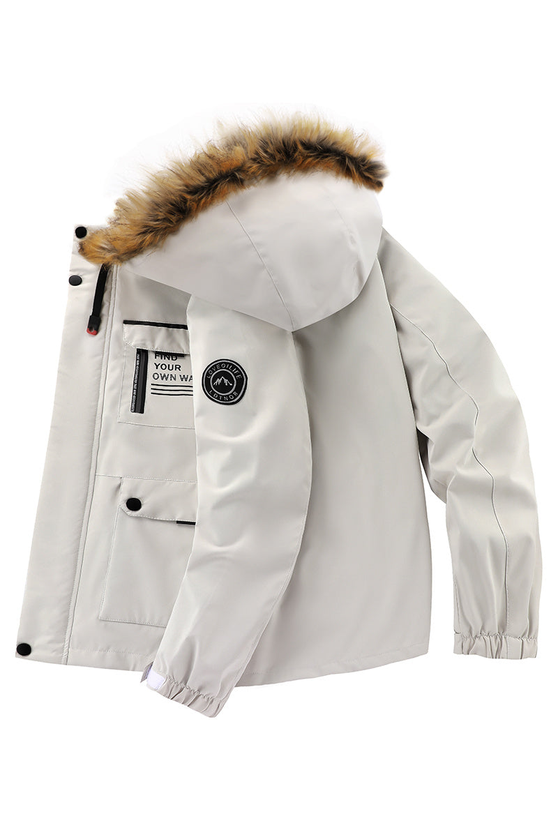 Men'S Winter Windbreaker Jacket with Lamb Fur Collar, Polyester 100% Windproof Zippered Sports Jacket, Alphabet Pattern, Regular Sleeve, Casual Outdoor Wear, H Fit, 150g/m² Fabric Weight