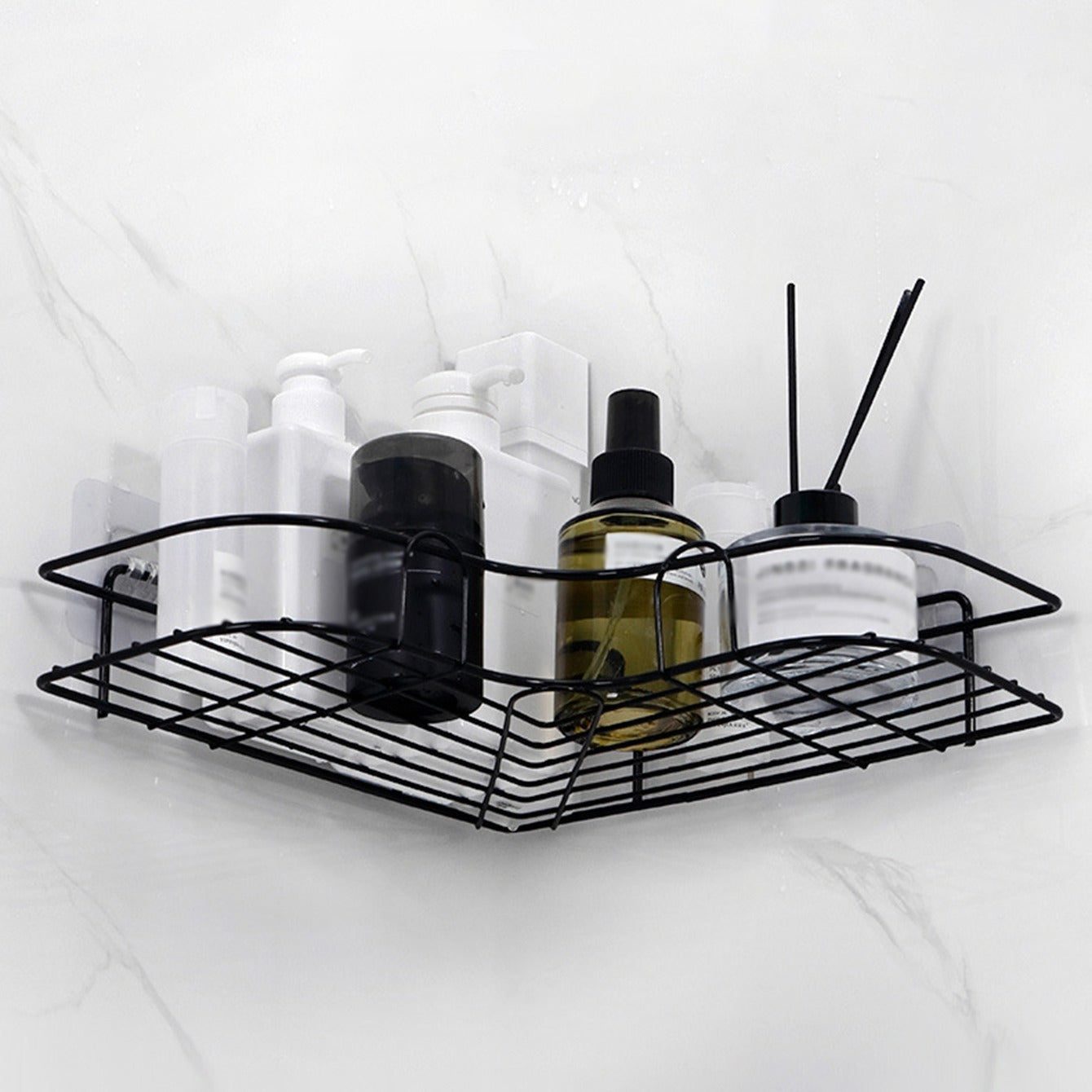 1pc Cast Iron Corner Shower Shelf - No-Drill Wall Mounted Bathroom Storage Rack, Black Wire Mesh Design for Easy Access & Organization, Perfect for Shampoo, Conditioner, and Soap, Bathroom Storage Solution | Modern Bathroom D