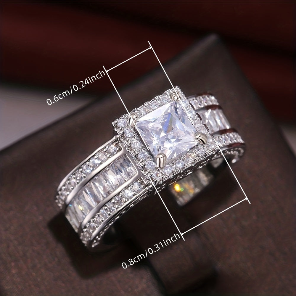 Elegant Square Cut Zirconia Engagement Ring with Sparkling Cubic Zirconia Halo - Versatile for Men & Women, Ideal for Valentine'S Day, Eternity, and Wedding Jewelry, Eternity Ring|Luxurious Ring|Halo Setting, Zirconia Ring