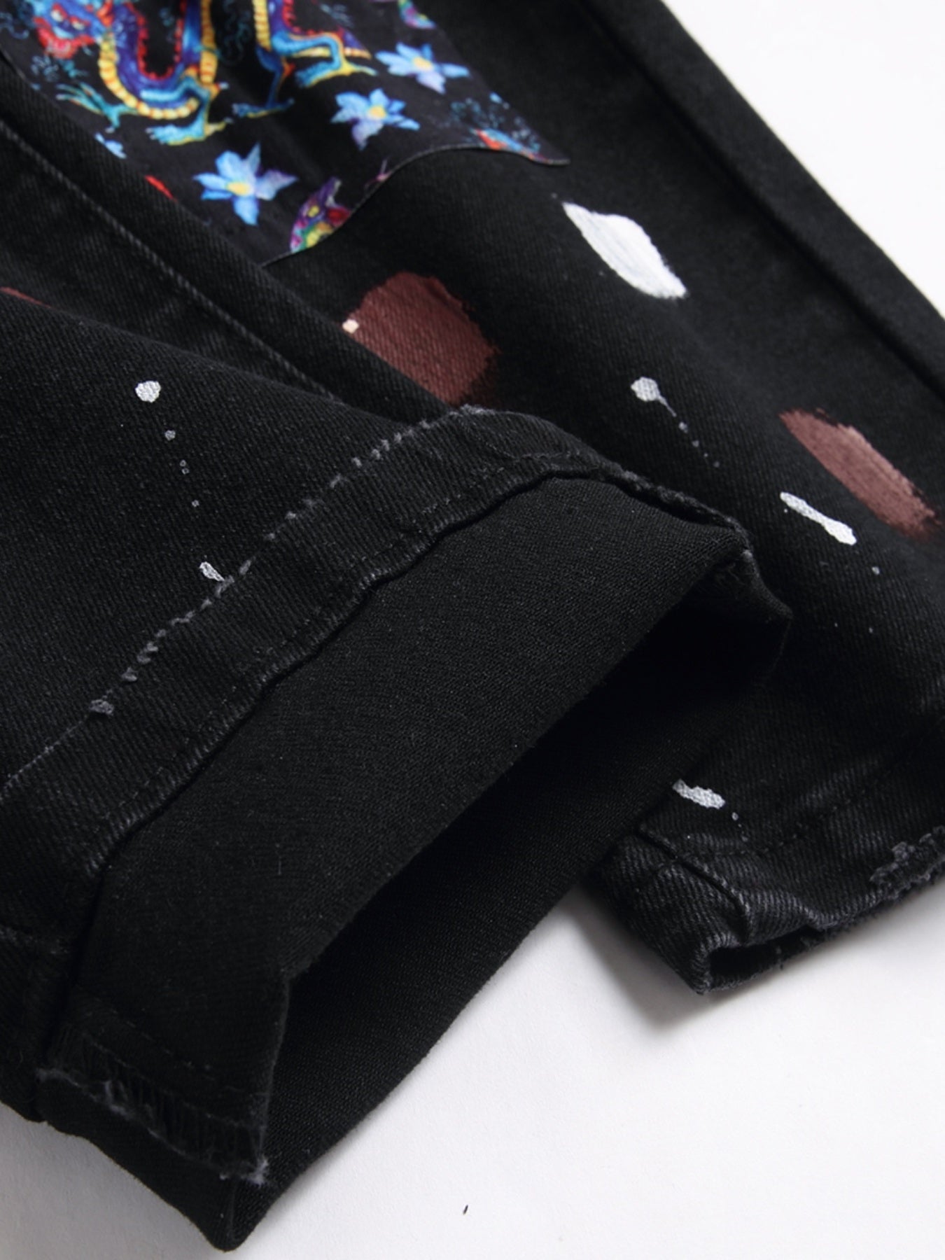 Men's Trendy Ripped Patchwork Jeans - Stretch Slim Fit with Vibrant Graffiti Art, Denim Material, Machine Washable, All-Season Style, Allseason Jeans|Distressed Denim|Comfortable Fit Jeans