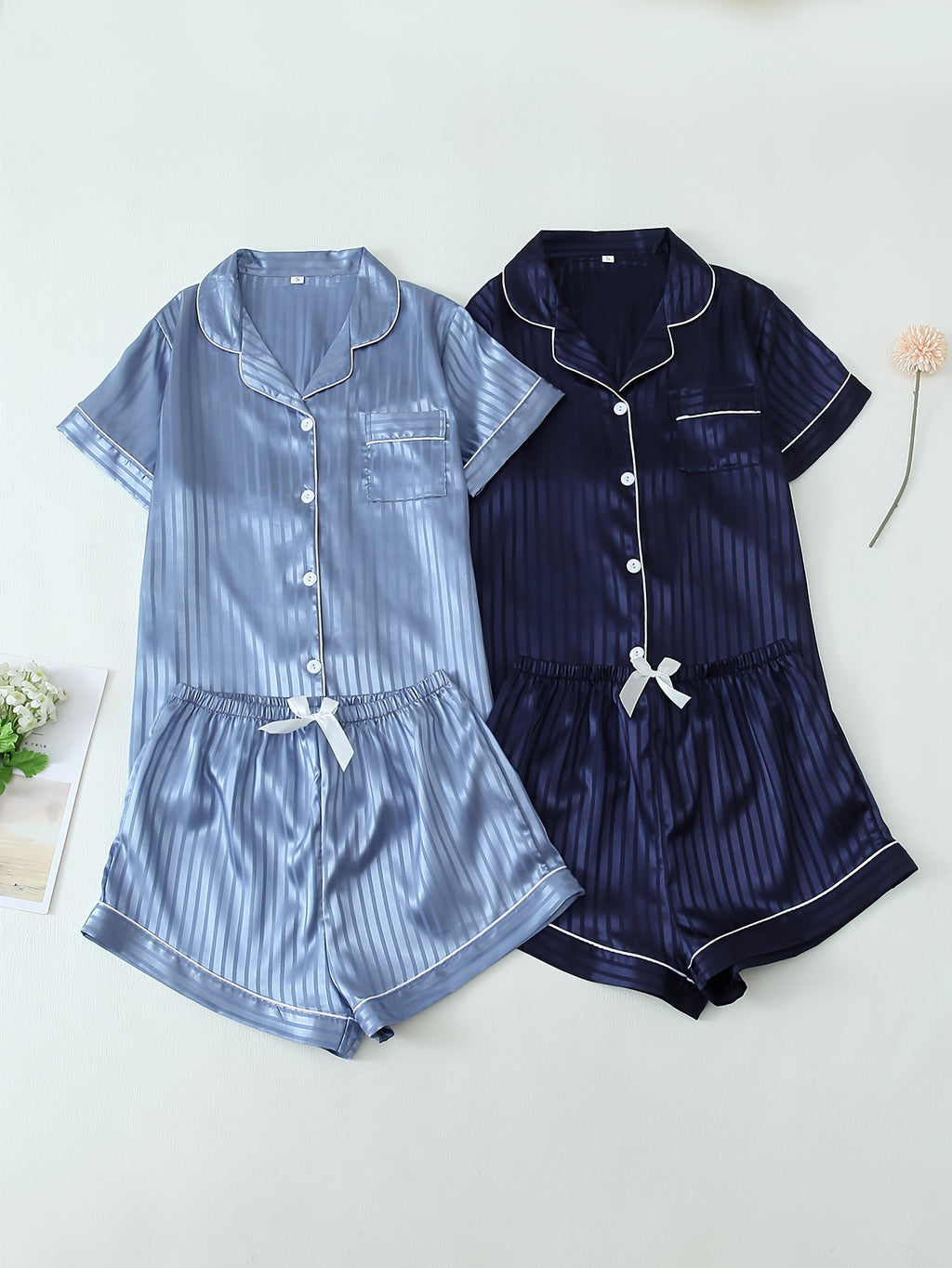 2 Sets Women's Striped Satin Casual Pajama Set, Short Sleeve Buttons Lapel Top & Shorts, Comfortable Relaxed Fit