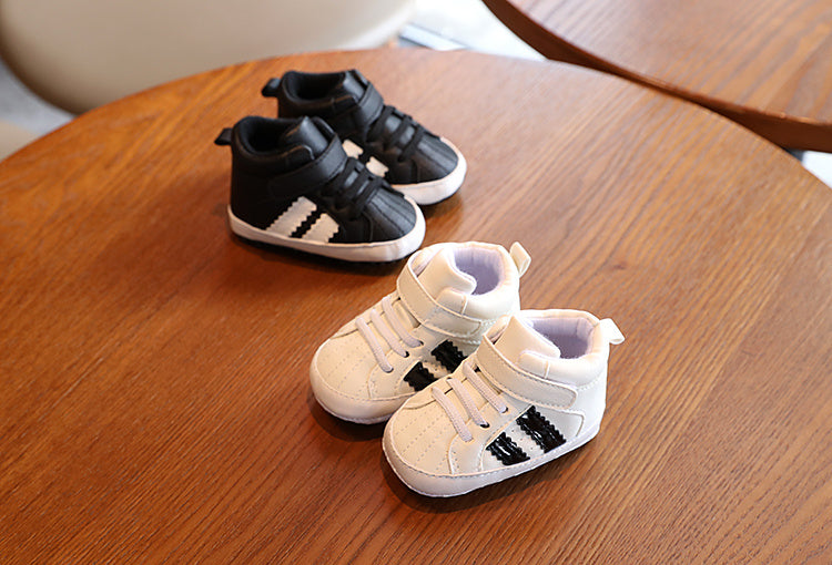 Infant & Newborn Boys' & Girls' Soft Sole Anti-Slip Sneakers - Breathable with Black Striped Design, Adjustable Buckle Closure, All-Season Casual Shoes for Toddlers, Baby Shoes, Toddler Footwear, Stylish Toddler Footwear, Com