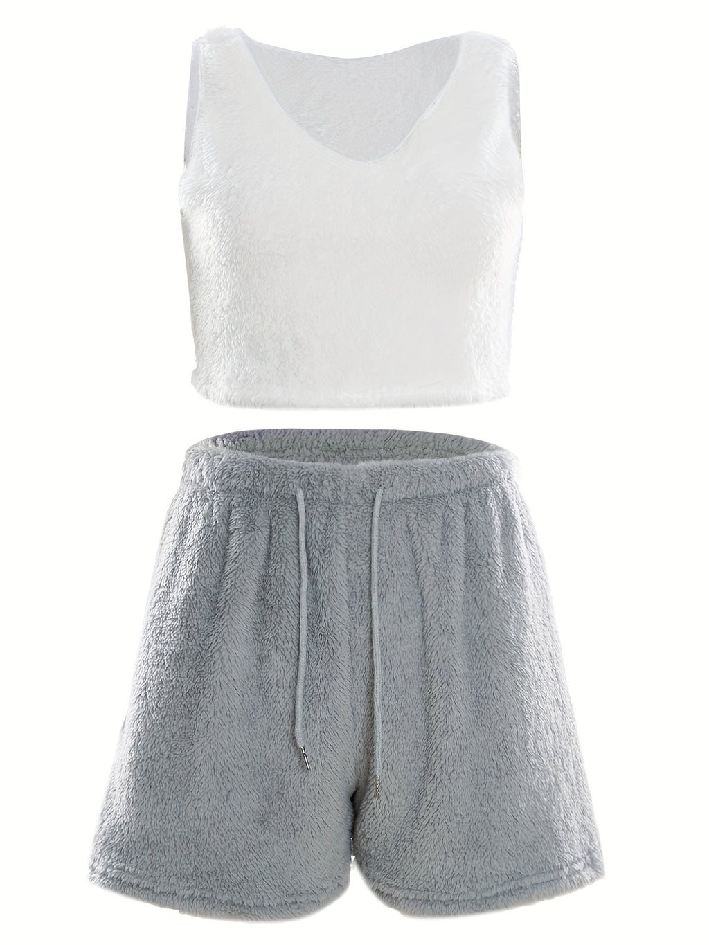 Warm Fuzzy Pajama Set, Long Sleeve Hooded Robe & Tank Top & Drawstring Shorts, Women's Sleepwear & Loungewear