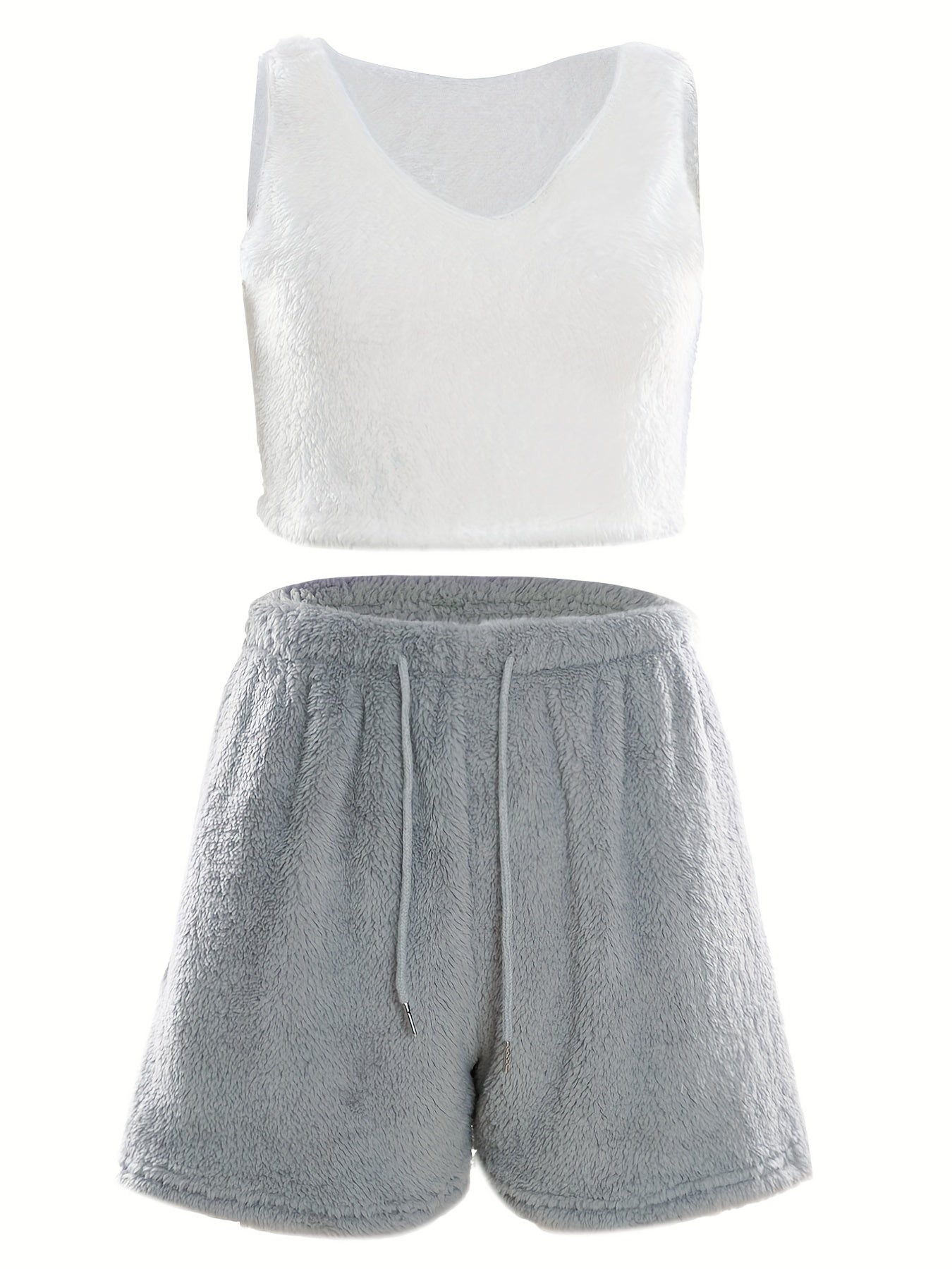 Warm Fuzzy Pajama Set, Long Sleeve Hooded Robe & Tank Top & Drawstring Shorts, Women's Sleepwear & Loungewear