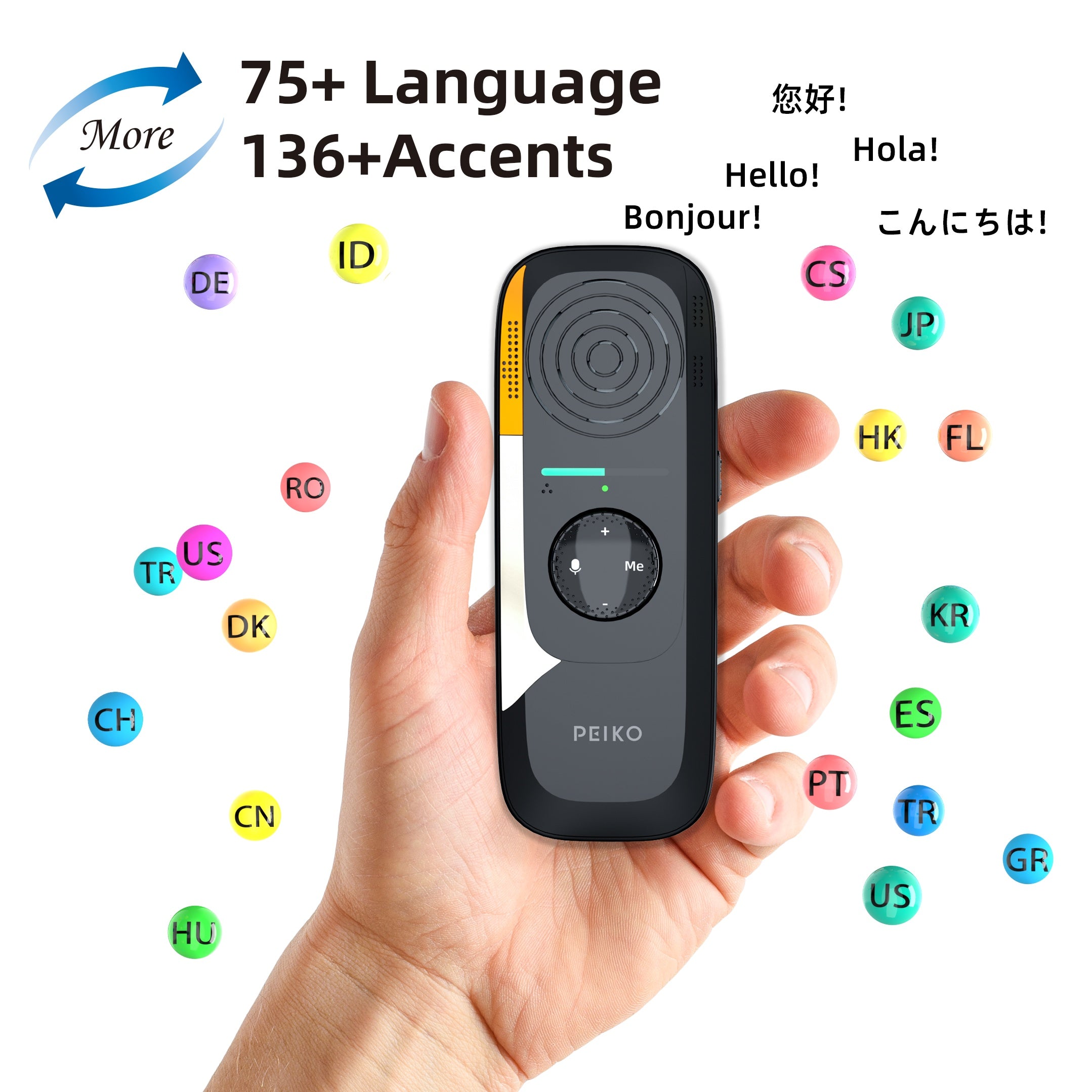 PEIKO Portable Two-Way Language Translator Device with Headphones - Instant Online Voice Translation, 75 Languages, High Accuracy, Type-C Charging, Compact Design for Travel, Business, Learning, Travel Translation Tool, Sleek