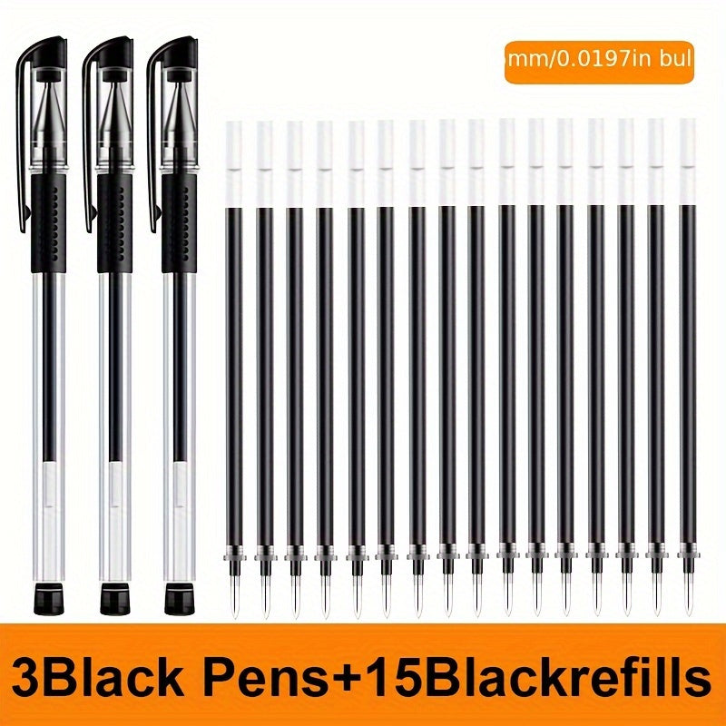 18pcs (3 Pens + 15 Refills) Gel Pen Set School Supplies Black Blue Red Ink Color 0.5Mm Ballpoint Pen Kawaii Pen Student School Office Stationery