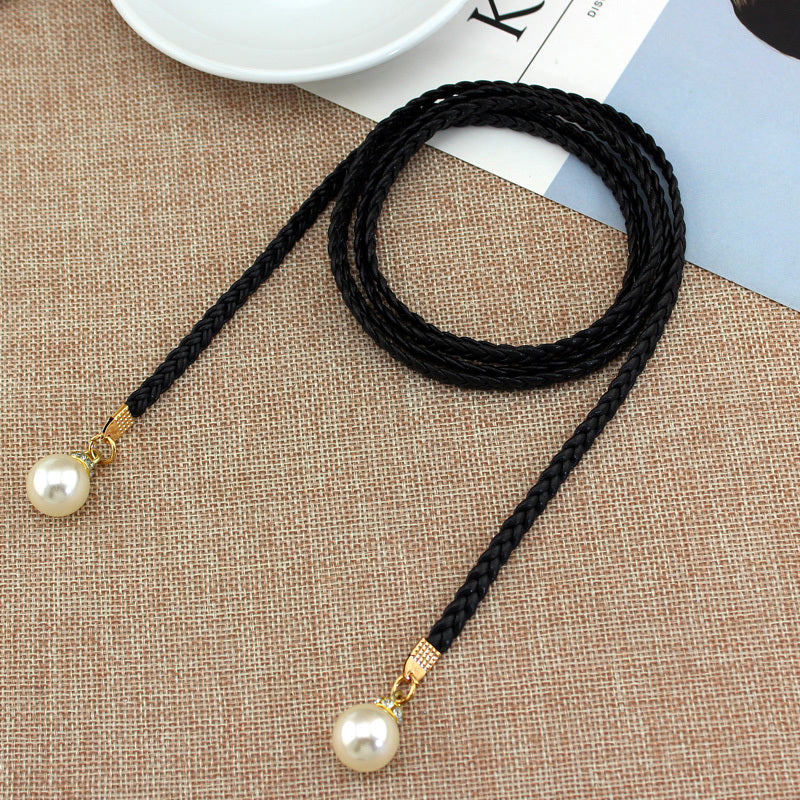 Braided Thin Belt Women's Decor Waist Rope Women's Sweet Dress Tie Waist Chain Skirt With Pearl Waist Accessories