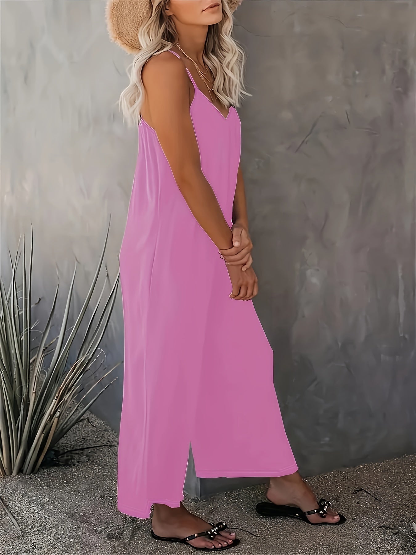 Women'S Light Blue Sleeveless Jumpsuit with Pockets - Casual Polyester Knit Fabric, V-Neck, Summer 2023, Beach Coverup, Beach Coverup Jumpsuit | Casual Style Jumpsuit | Knit Construction