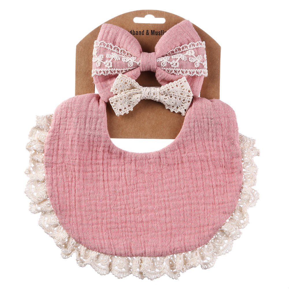 Two Headbands + One Bib Set, New Baby Bib, Kids Lace Bow Headband, Baby Crepe Stain Resistant Bib Set