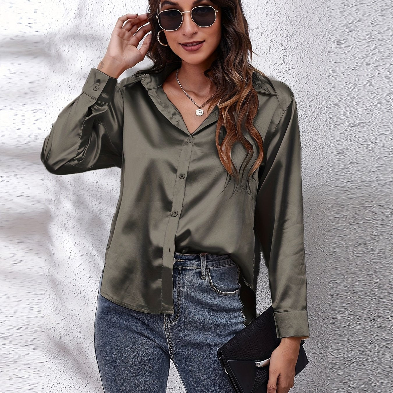 Solid Color Long Sleeve Button Down Tops, Business Casual Blouses For All Seasons, Women's Clothing